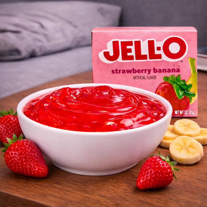 Jell-O Strawberry Banana Gelatin Dessert Wackelpudding 85g blok1