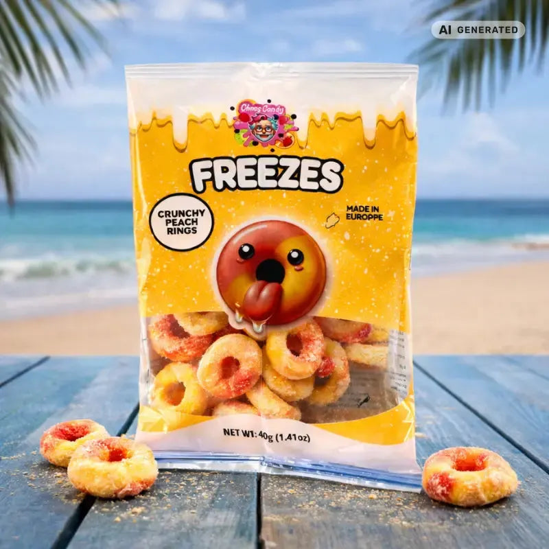 Chaos Candy Freeze Crunchy Peach Rings 50g blok1