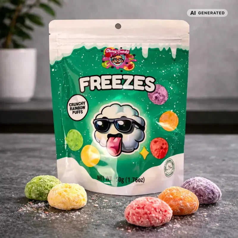 Chaos Candy Freeze Crunchy Rainbow Puffs 50g blok1