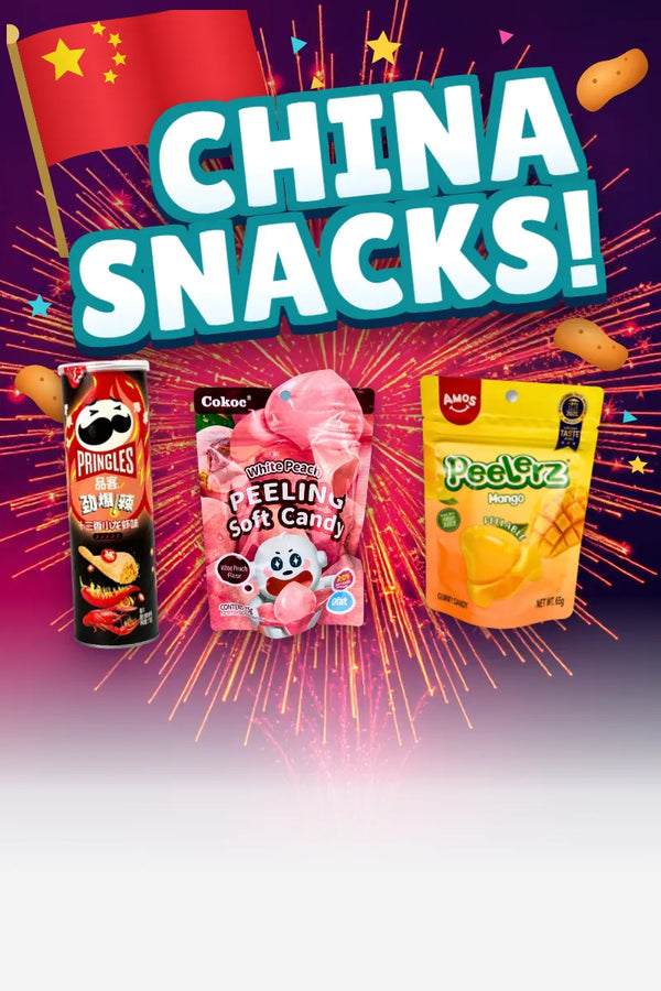 China Snacks: Pringles Spicy Crayfish, Cokoc Peeling Soft Candy und Amos Peelerz Mango