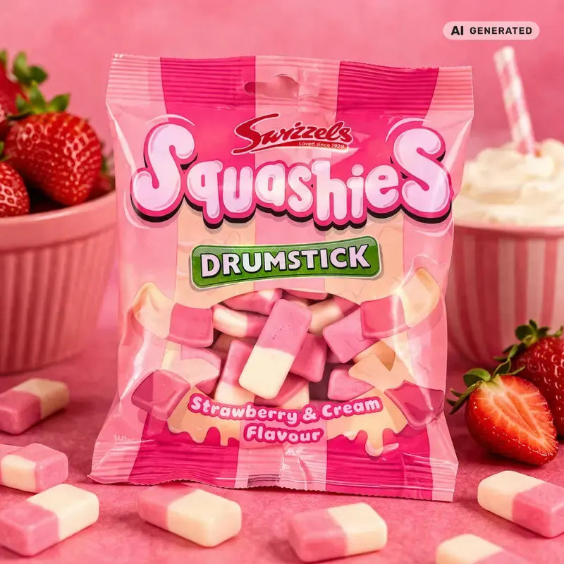 Swizzels Squashies Drumstick Strawberry & Cream 140g – Weiche Kaubonbons mit Erdbeere und Sahne kaufen - MiMa's Sweets House-blok1