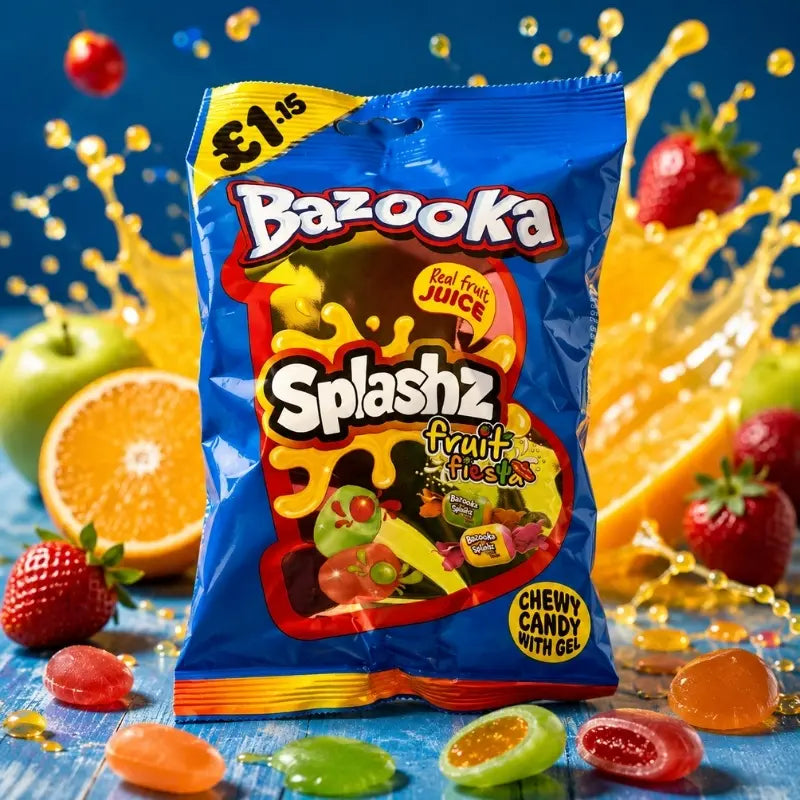 Bazooka Splashz Fruit Fiesta Kaubonbons 120g - Gefüllte Frucht Kaubonbons kaufen - MiMa's Sweets House-block1