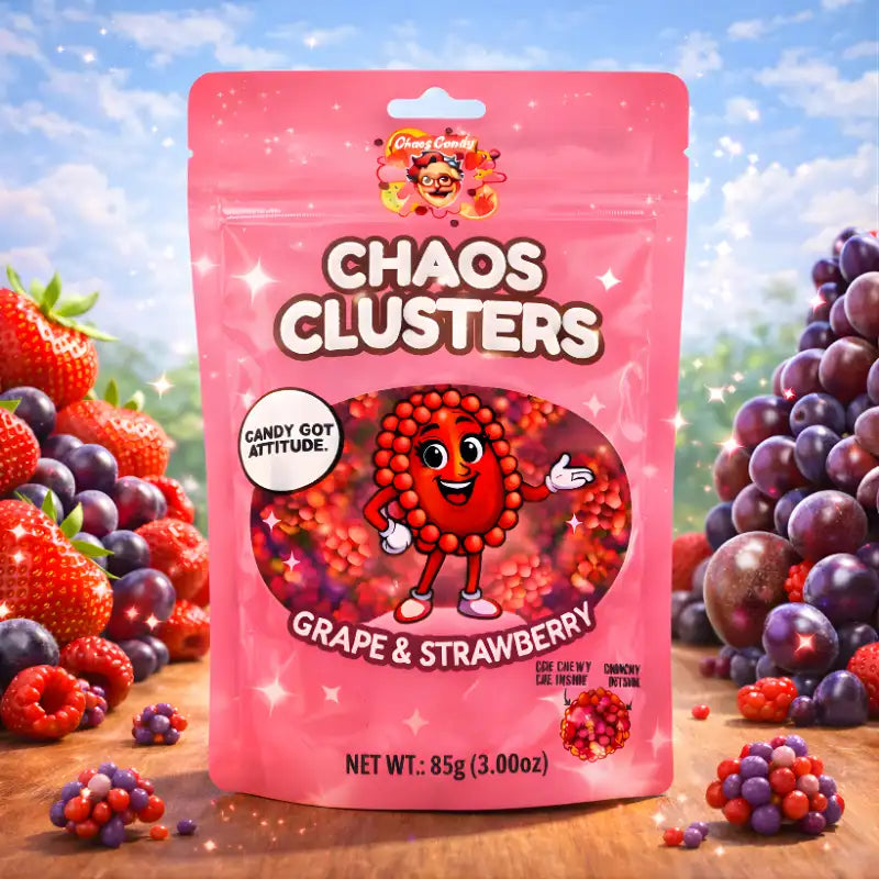 Chaos Candy Clusters Grape Strawberry 85g blok1