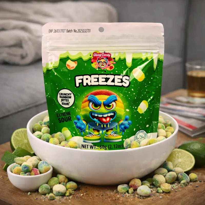 Chaos Candy Freeze Crunchy Extreme Sour Rainbow Bites 60g blok1