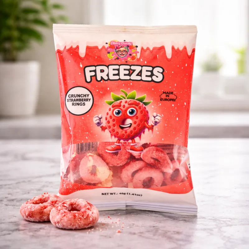 Chaos Candy Freeze Crunchy Strawberry Rings 40g blok1