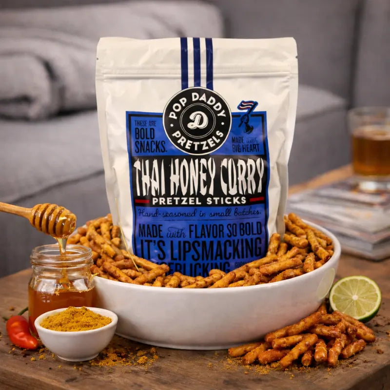Pop Daddy Pretzels Thai Honey Curry 212g blok1