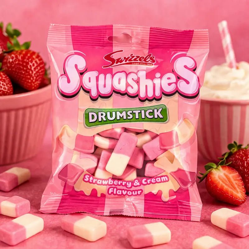 Swizzels Squashies Drumstick Strawberry & Cream 140g – Weiche Kaubonbons mit Erdbeere und Sahne kaufen - MiMa's Sweets House-blok1