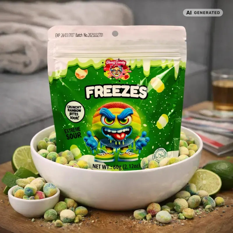 Chaos Candy Freeze Crunchy Extreme Sour Rainbow Bites 60g blok1