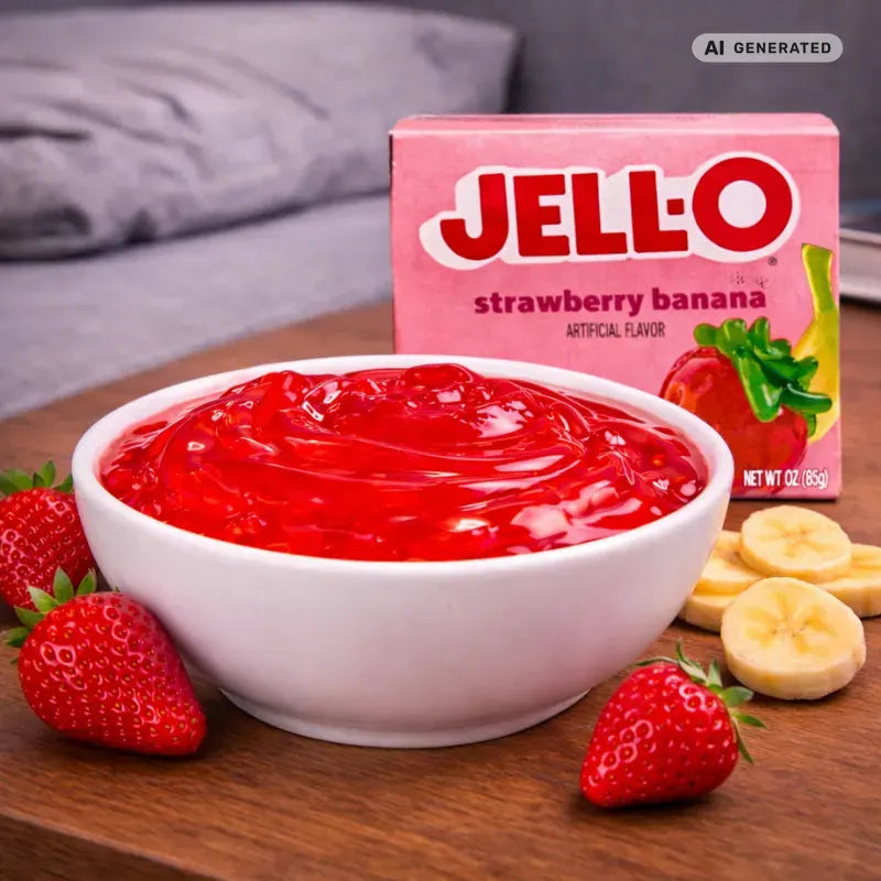 Jell-O Strawberry Banana Gelatin Dessert Wackelpudding 85g blok1