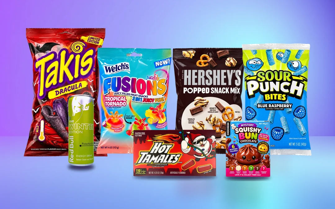 Neuheiten bei MiMa’s: Takis Dark Dracula, Welch’s Juicefuls, Hershey’s Popped, Sour Punch Bites, Red Bull Winter Edition, Hot Tamales Christmas, Choccosh Squishy Bun